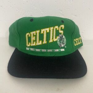 VTG AJD Boston Celtics Snapback Hat Cap Green Black Logo Spellout NBA Mens